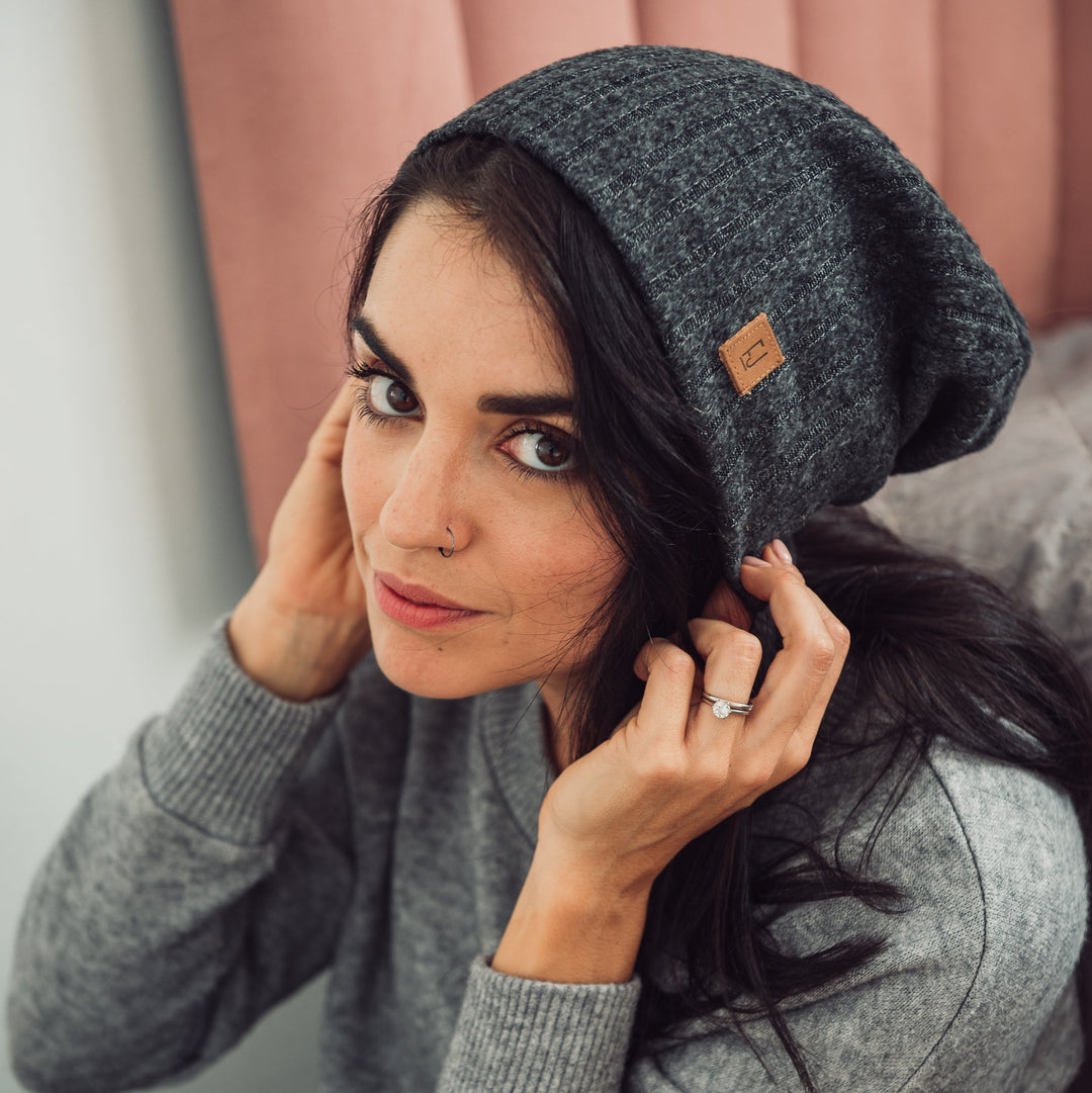ADULT SLOUCHY BEANIE - CHARCOAL RIB KNIT - Flynn Jaxon