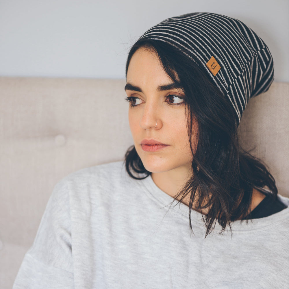 ADULT SLOUCHY BEANIE - BLACK STRIPE - Flynn Jaxon